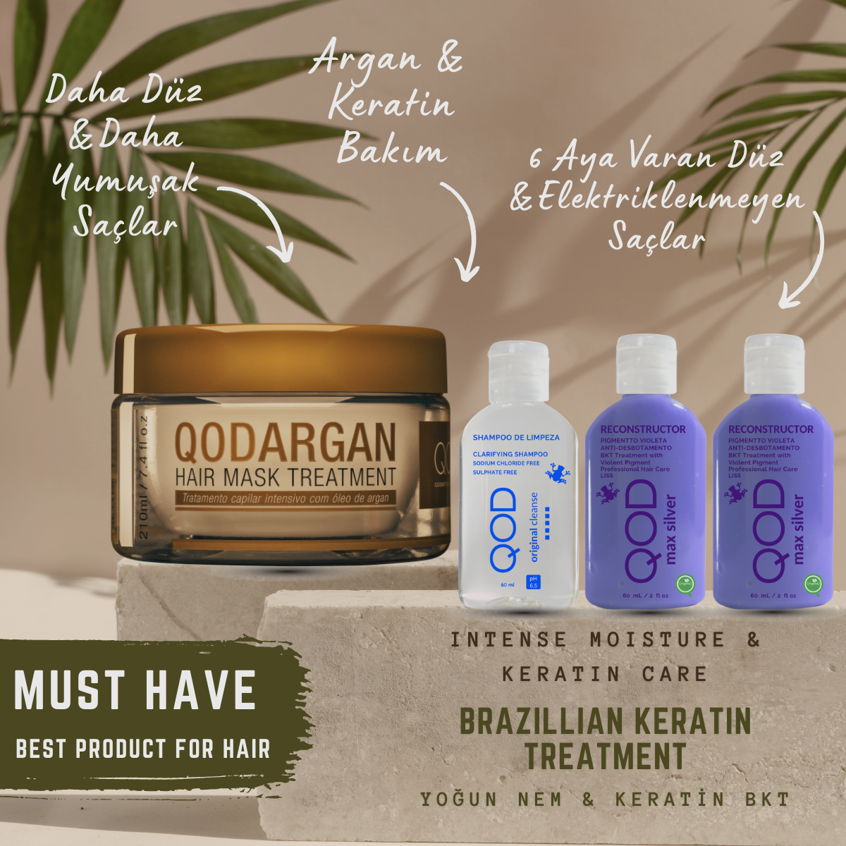 Brezilya Fönü Keratini QOD Max Silver Profesyonel Brezilya Keratin Uygulama Yoğun Bakım Kiti (Uzun Saç) + Sonrası Keratin & Argan Maske-QOD Profesyonel Argan Saç Bakım Maskesi - Yoğun Bakım 210 Gr