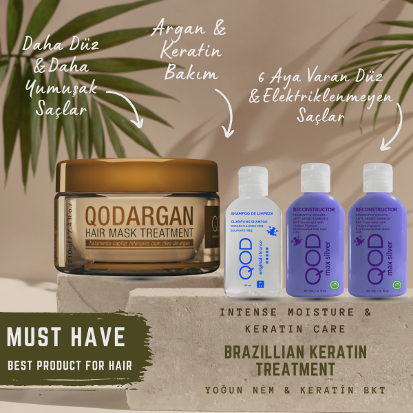 Brezilya Fönü Keratini QOD Max Silver Profesyonel Brezilya Keratin Uygulama Yoğun Bakım Kiti (Uzun Saç) + Sonrası Keratin & Argan Maske-QOD Profesyonel Argan Saç Bakım Maskesi - Yoğun Bakım 210 Gr