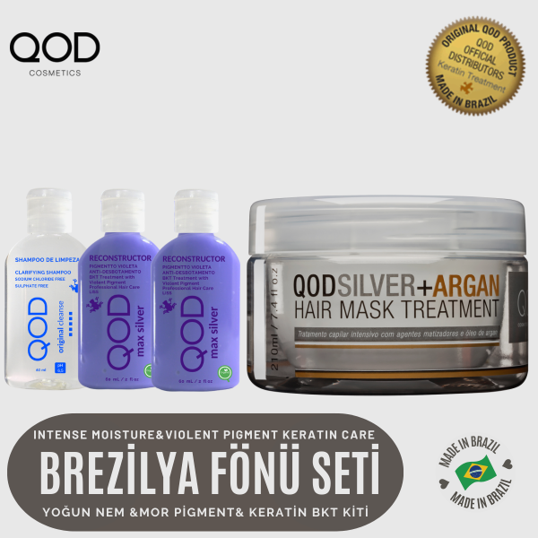 Brezilya Fönü Keratini QOD Max Silver Profesyonel Brezilya Keratin Uygulama Yoğun Bakım Kiti(Uzun Saç) + Sonrası Mor Pigment & Keratin & Argan Maske-QOD Profesyonel Argan Silver Saç Bakım Maskesi - Yoğun Bakım 210 Gr