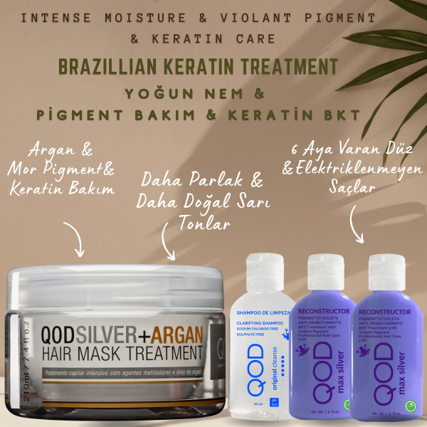 Brezilya Fönü Keratini QOD Max Silver Profesyonel Brezilya Keratin Uygulama Yoğun Bakım Kiti(Uzun Saç) + Sonrası Mor Pigment & Keratin & Argan Maske-QOD Profesyonel Argan Silver Saç Bakım Maskesi - Yoğun Bakım 210 Gr