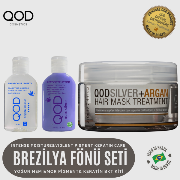 Brezilya Fönü Keratini QOD Max Silver Profesyonel Brezilya Keratin Uygulama Yoğun Bakım Kiti(Kısa Saç) + Sonrası Mor Pigment & Keratin & Argan Maske-QOD Profesyonel Argan Silver Saç Bakım Maskesi - Yoğun Bakım 210 Gr