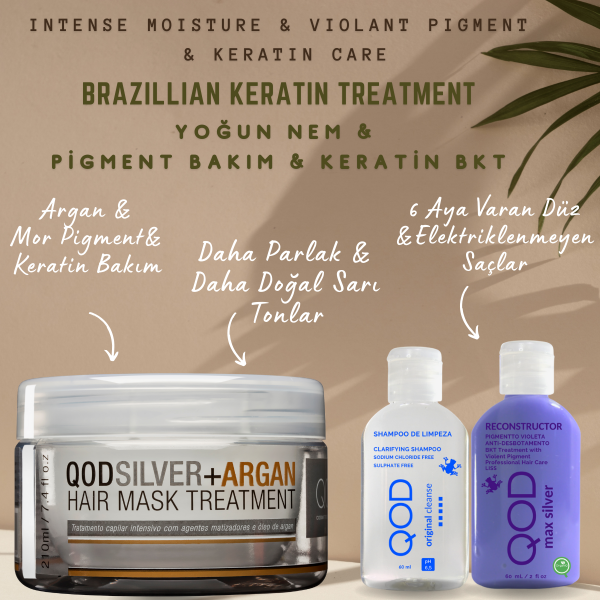 Brezilya Fönü Keratini QOD Max Silver Profesyonel Brezilya Keratin Uygulama Yoğun Bakım Kiti(Kısa Saç) + Sonrası Mor Pigment & Keratin & Argan Maske-QOD Profesyonel Argan Silver Saç Bakım Maskesi - Yoğun Bakım 210 Gr