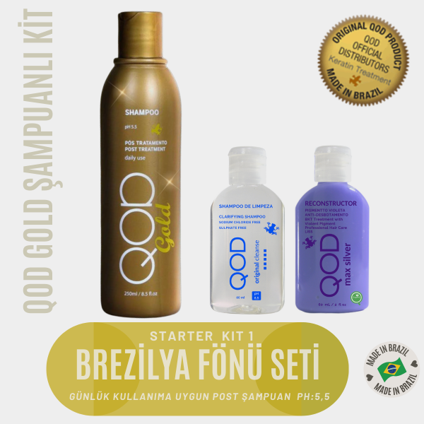 Brezilya Fönü Keratini QOD Max Silver Profesyonel Brezilya Keratin Uygulama Başlangıç Kiti(Kısa Saç) + Sonrası Brezilya Fönü Şampuanı QOD Profesyonel Gold Şampuan 250 ml -Altın Nano Partiküller / Brezilya Fönü After Şampuan