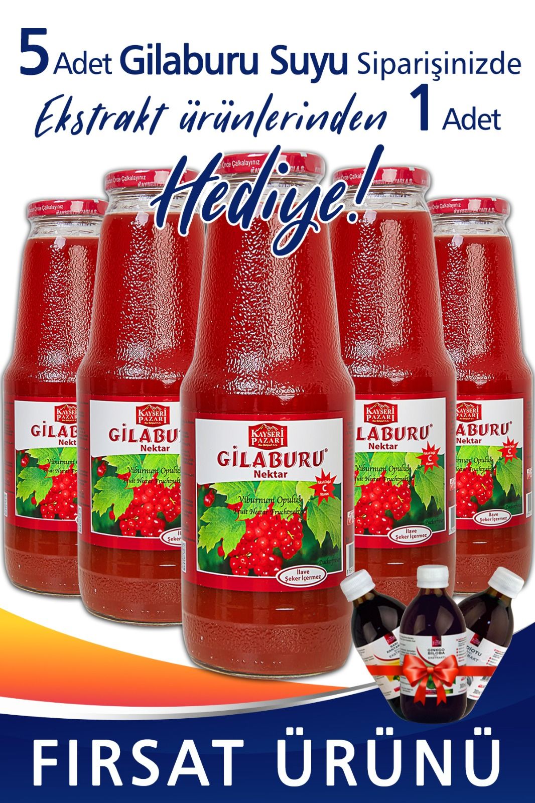 Gilaburu Suyu Nektarı 5 Adet 1000ml Cam Şişe Şeker İlavesiz