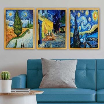 Vincent Van Gogh 3 Parça Altın Çerçeveli Tablo