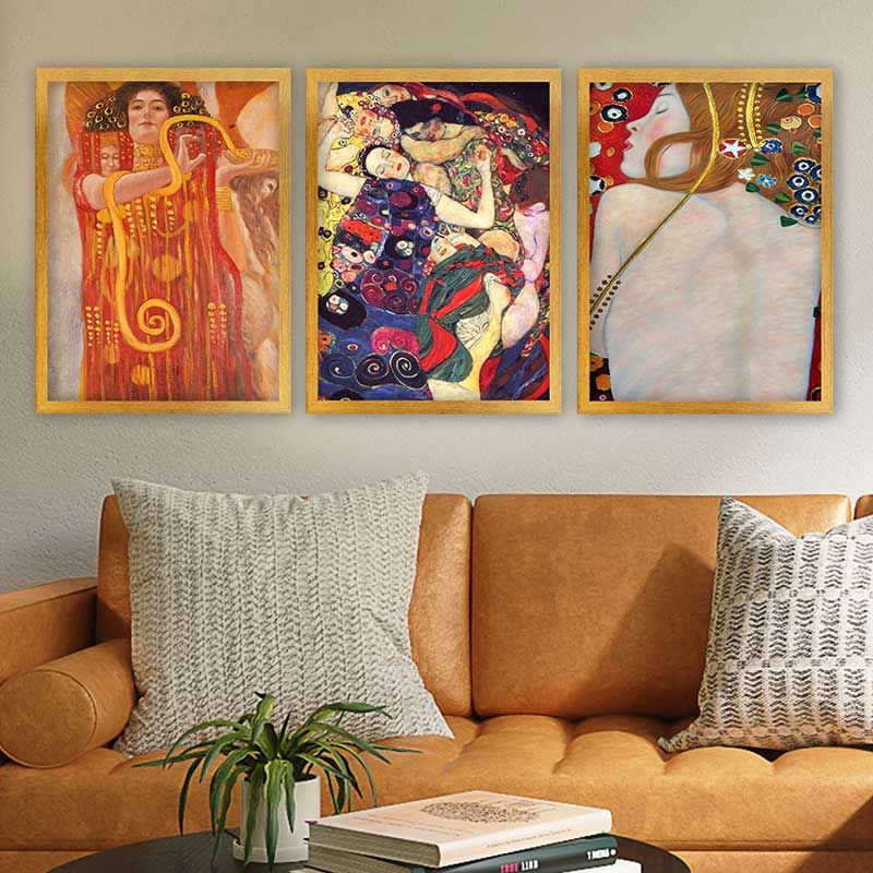 Gustav klimt 3 Parça Altın Çerçeveli Tablo