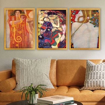 Gustav klimt 3 Parça Altın Çerçeveli Tablo
