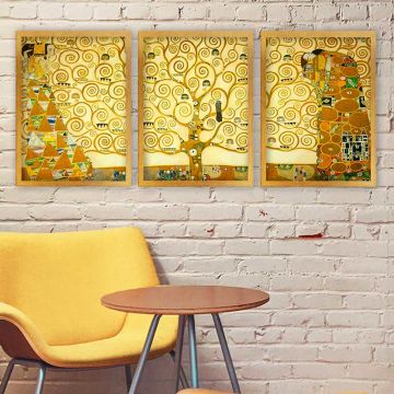 Gustav klimt 3 Parça Altın Çerçeveli Tablo
