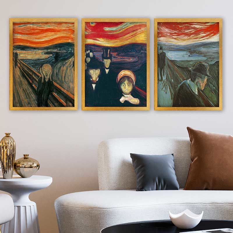 Edvard Munch 3 Parça Altın Çerçeveli Tablo