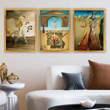 Salvador Dali 3 Parça Altın Çerçeveli Tablo