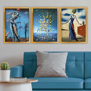 Salvador Dali 3 Parça Altın Çerçeveli Tablo