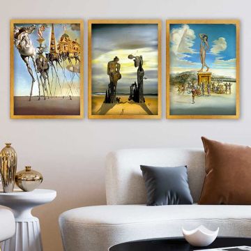 Salvador Dali 3 Parça Altın Çerçeveli Tablo