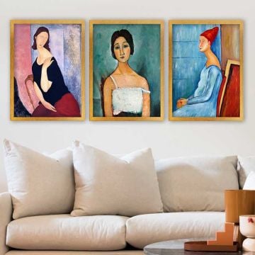 Amedeo Modigliani 3 Parça Altın Çerçeveli Tablo