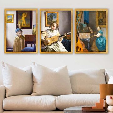 JAN VERMEER 3 Parça Altın Çerçeveli Tablo
