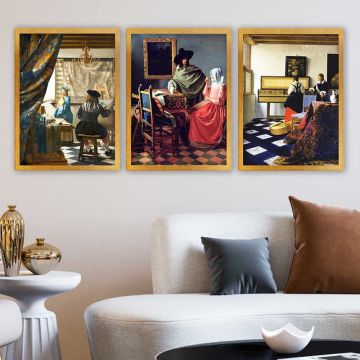 JAN VERMEER 3 Parça Altın Çerçeveli Tablo