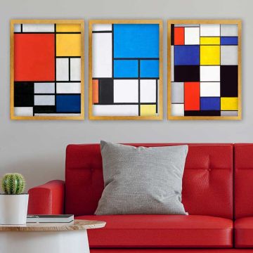 PIET MONDRIAN 3 Parça Altın Çerçeveli Tablo