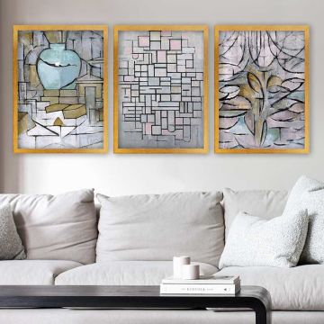 PIET MONDRIAN 3 Parça Altın Çerçeveli Tablo