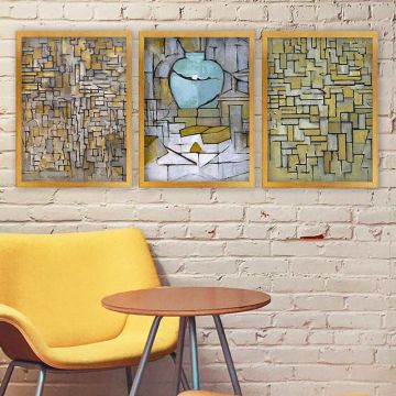 PIET MONDRIAN 3 Parça Altın Çerçeveli Tablo
