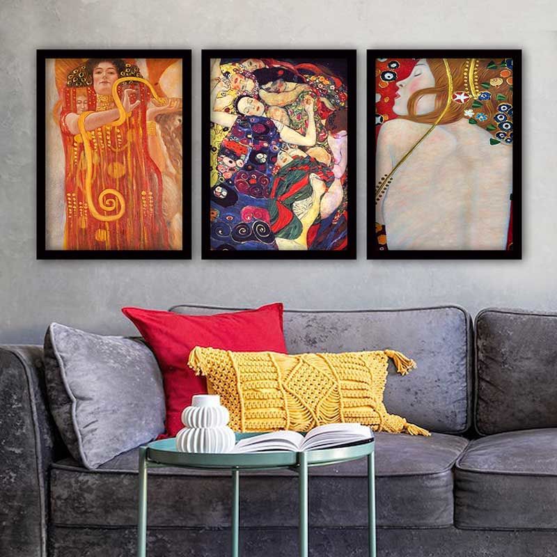 Gustav klimt 3 Parça Siyah Çerçeveli Tablo