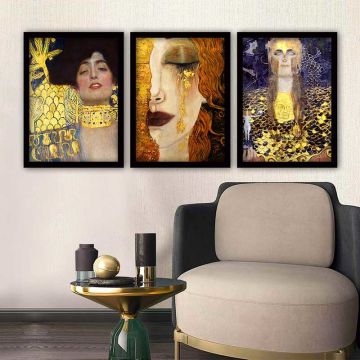 Gustav klimt 3 Parça Siyah Çerçeveli Tablo