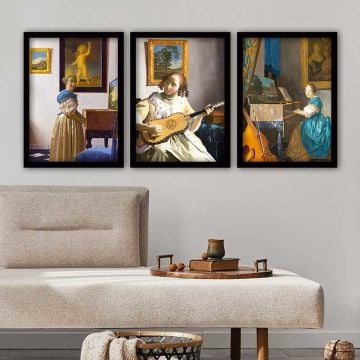 JAN VERMEER 3 Parça Siyah Çerçeveli Tablo