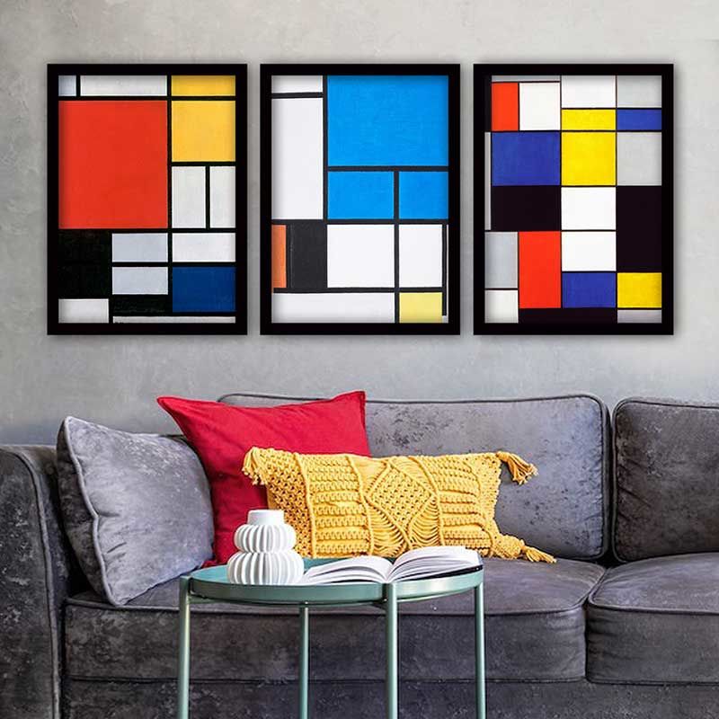 PIET MONDRIAN 3 Parça Siyah Çerçeveli Tablo