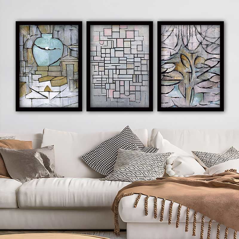 PIET MONDRIAN 3 Parça Siyah Çerçeveli Tablo