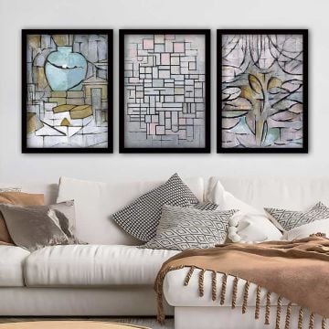 PIET MONDRIAN 3 Parça Siyah Çerçeveli Tablo