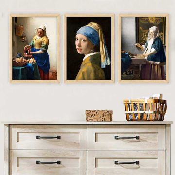 JAN VERMEER 3 Parça Naturel Çerçeveli Tablo