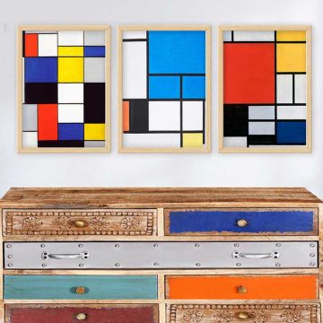 PIET MONDRIAN 3 Parça Naturel Çerçeveli Tablo