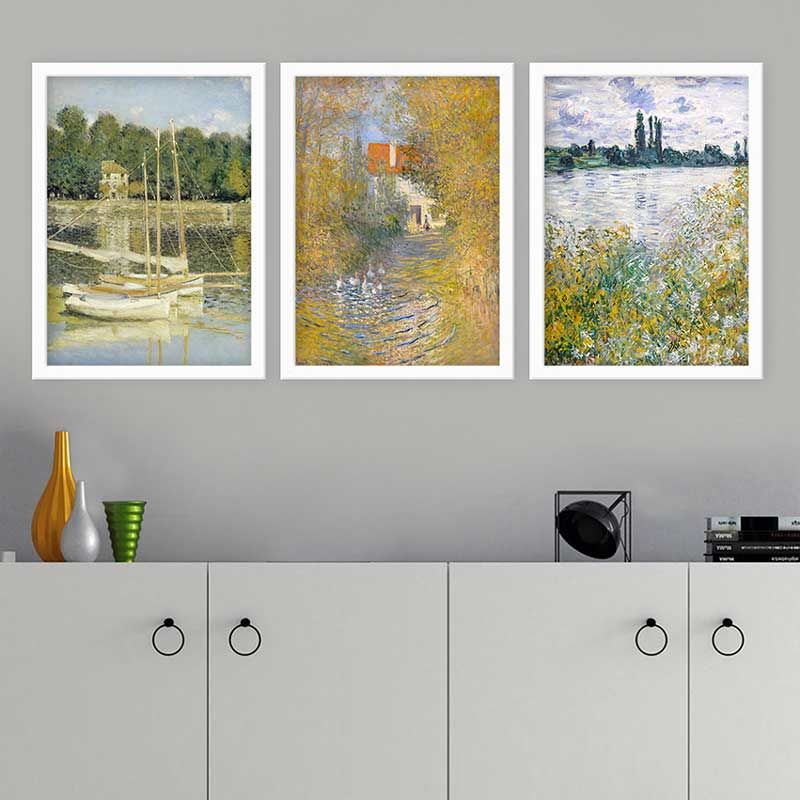 Claude Monet 3 Parça Beyaz Çerçeveli Tablo