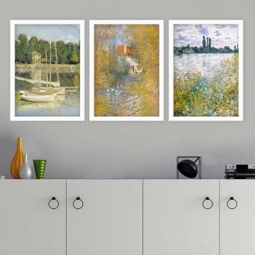 Claude Monet 3 Parça Beyaz Çerçeveli Tablo