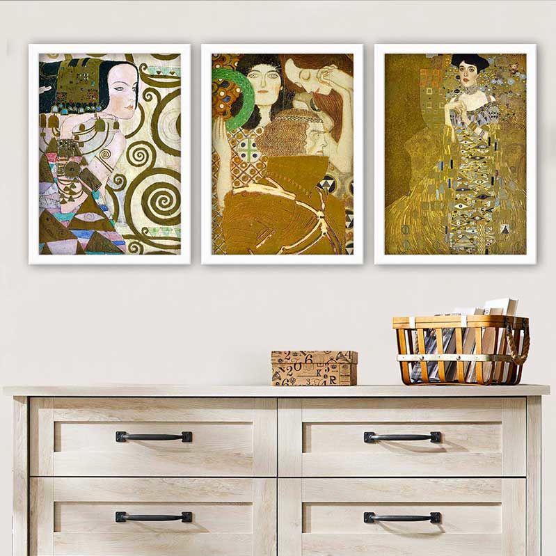 Gustav klimt 3 Parça Beyaz Çerçeveli Tablo