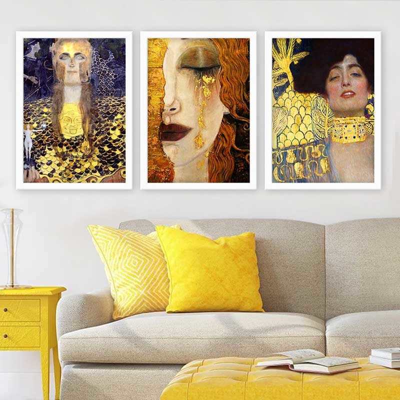 Gustav klimt 3 Parça Beyaz Çerçeveli Tablo