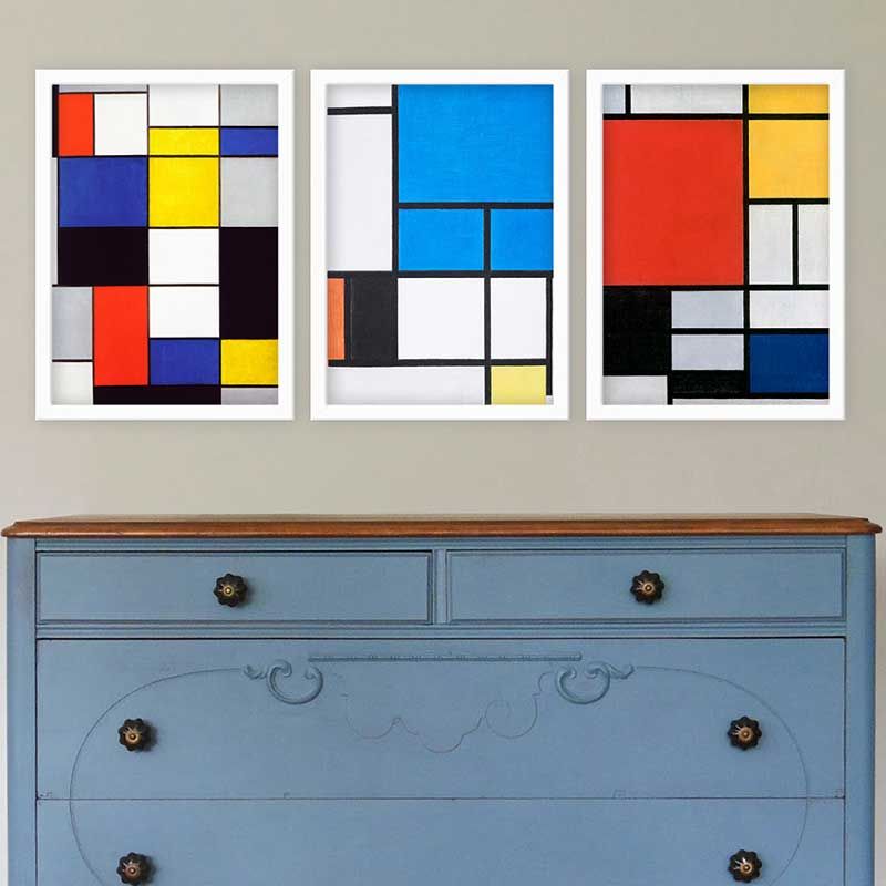 PIET MONDRIAN 3 Parça Beyaz Çerçeveli Tablo