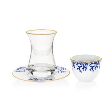Mercan Mavi 18 Parça Çay + Mırra Set Hediye Kutulu