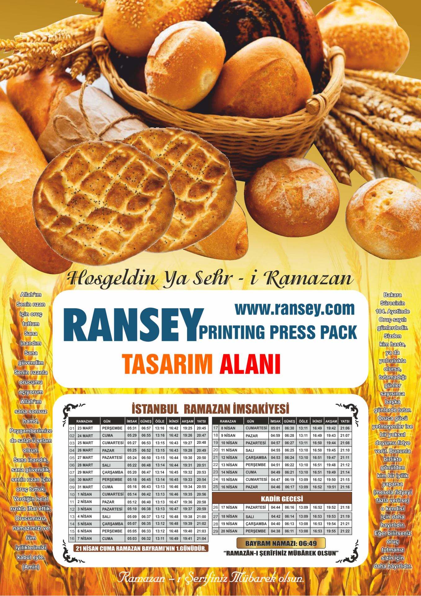 Fırın Pastane İmsakiye Baskı