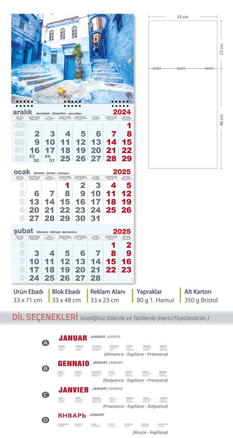 Kod-09 Büyük Gemici Takvim Mavi (Tek Parça Spiralli)