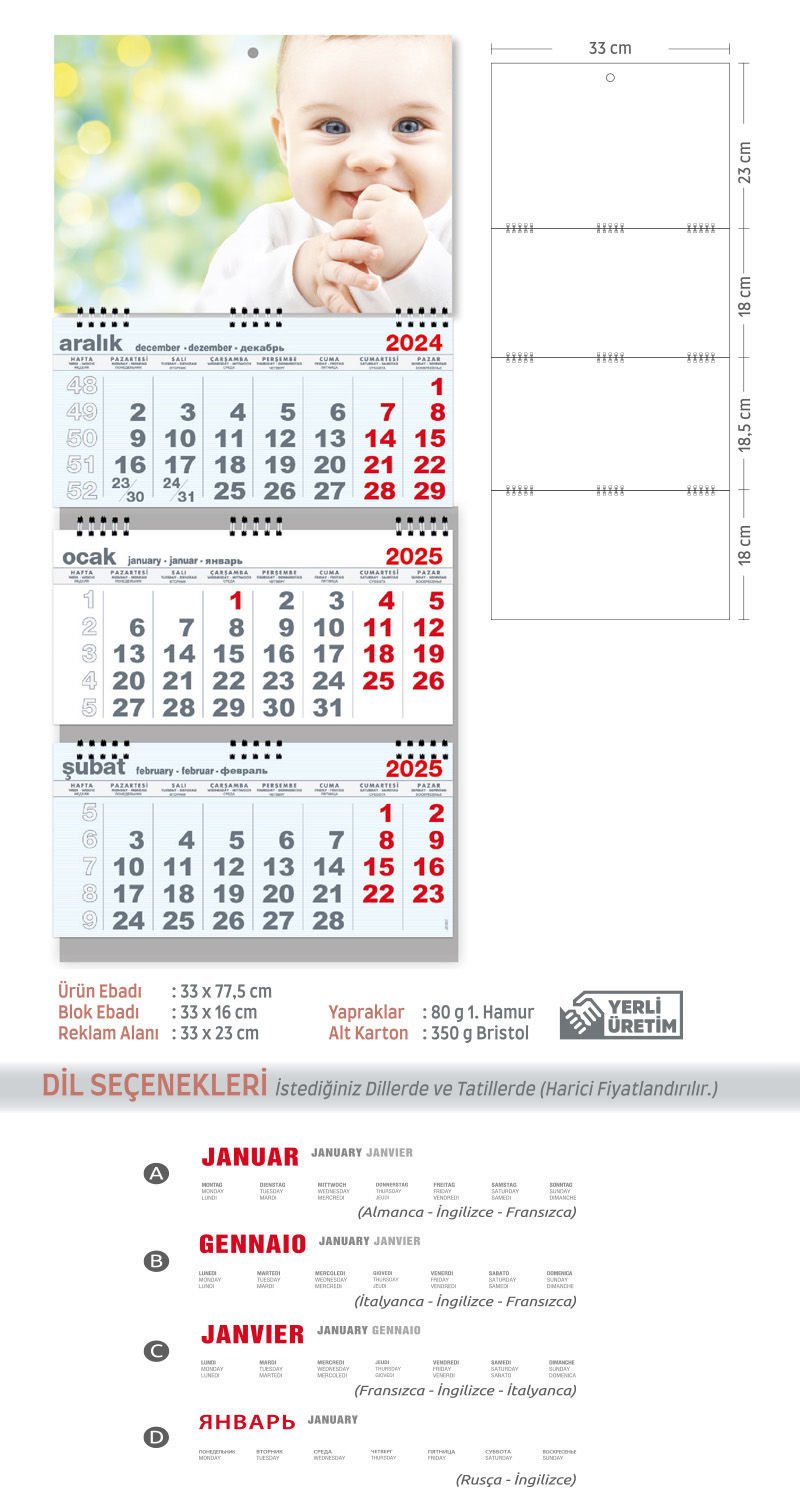 Kod-13 Büyük Gemici Takvim Mavi (Üç Parça Spiralli)