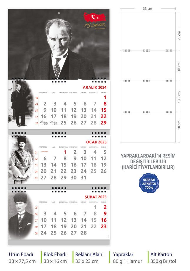 Kod-30 Atatürk Gemici Takvim (Üç Parça Spiralli)