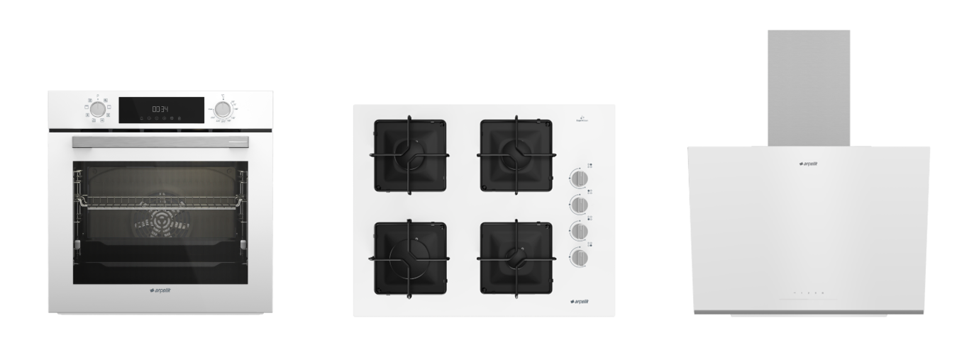 Arçelik Beyaz Kare Ocaklı 3 lü Buhar Destekli Cam Seri ( AFC 341 B - OCD K 651 EB - ADE 606-2 B ) Ankastre Set