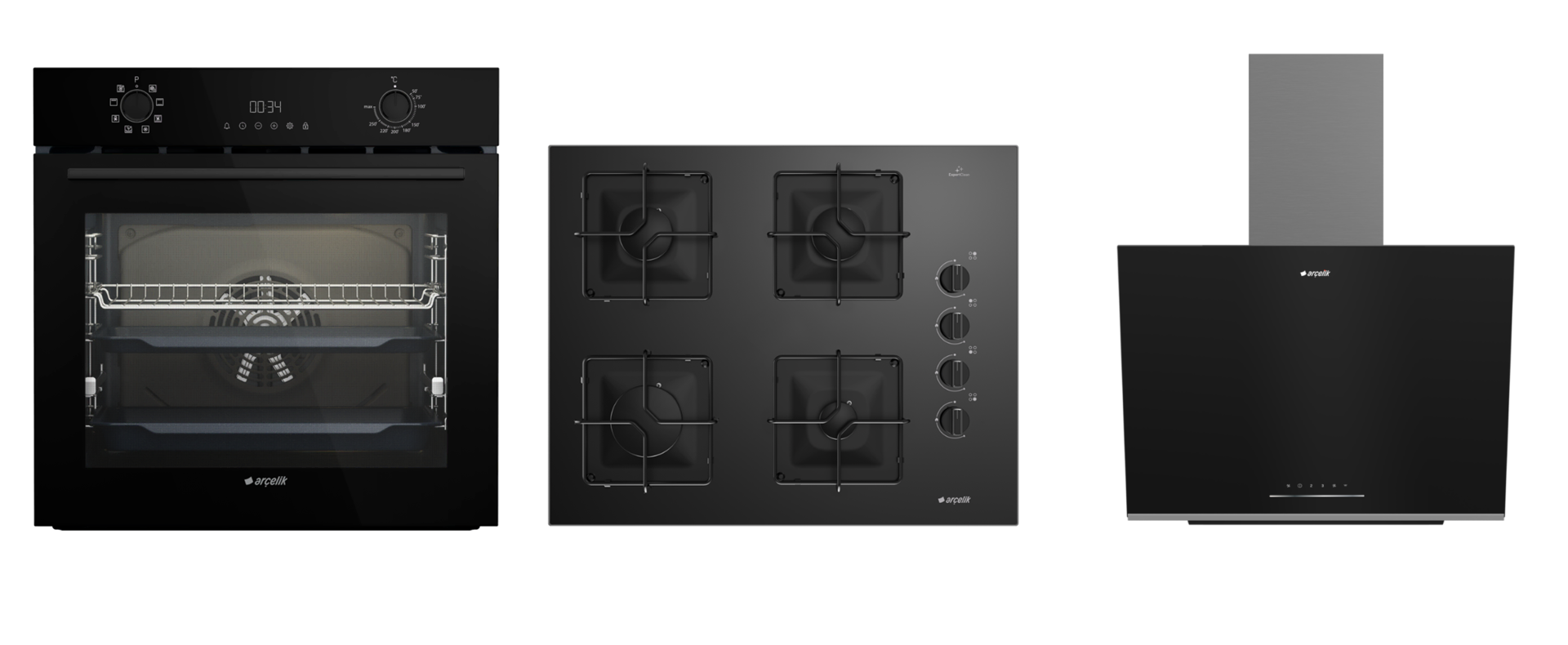 Arçelik Siyah Kare Ocaklı 3 lü Buhar Destekli Cam Seri ( AFC 341 S - OCD K 651 ES - ADE 606-2 S ) Ankastre Set