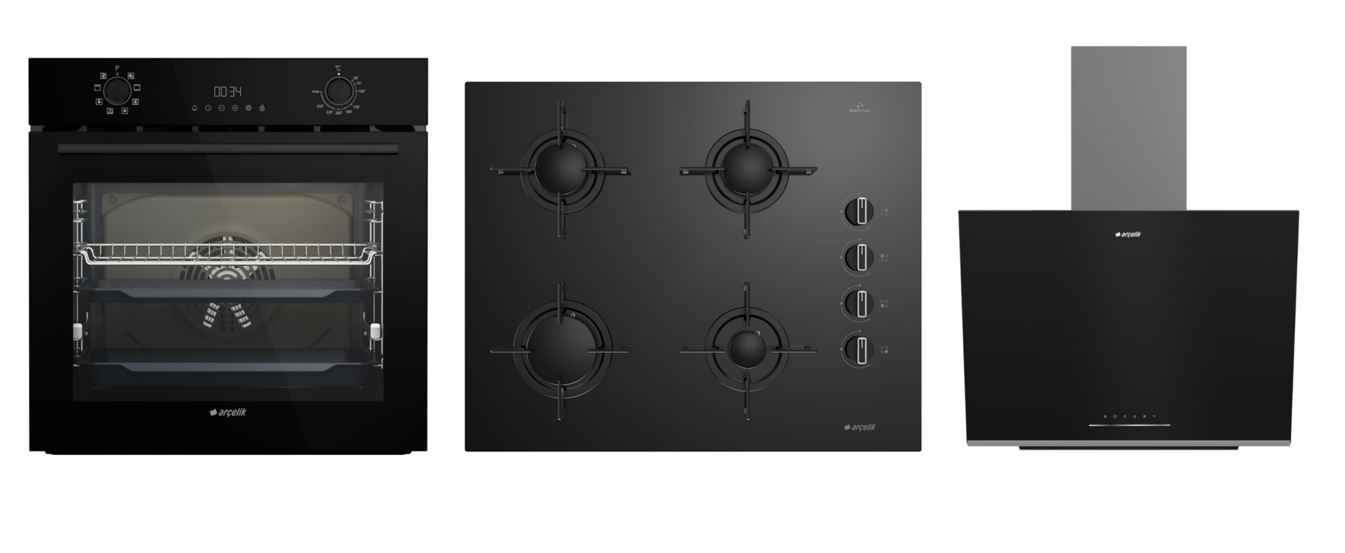 Arçelik Siyah 3 lü Buhar Destekli Cam Seri ( AFC 341 S - OCD T 651 ES - ADE 606-2 S ) Ankastre Set