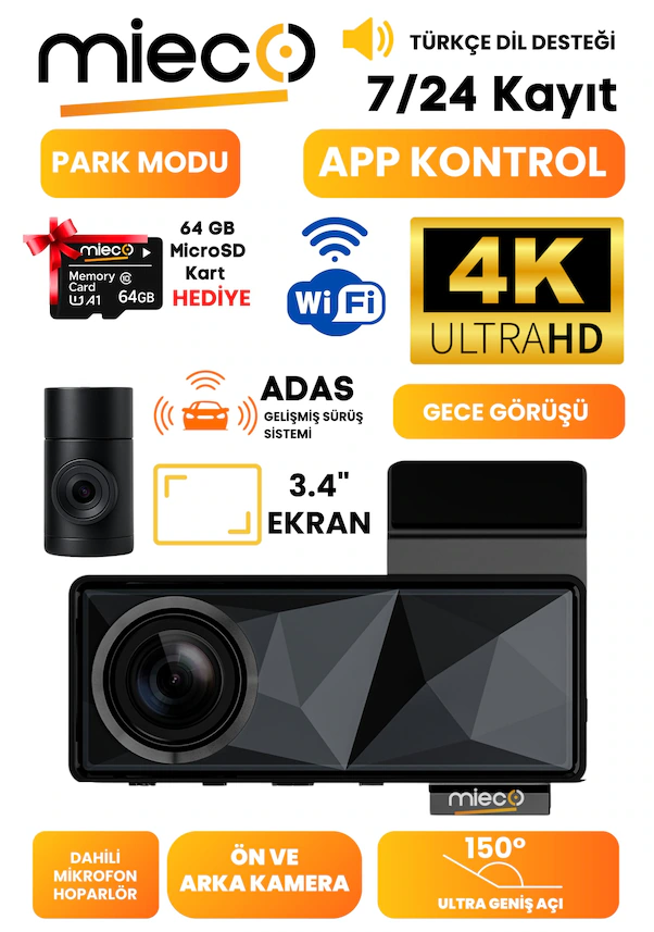 Mieco A11 Ön ve Arka 4K Araç Kamerası Seti
