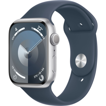 Apple Watch Series 9 GPS 45mm Gümüş Rengi Alüminyum Kasa ve Fırtına Mavisi Spor Kordon Akıllı Saat - M/L