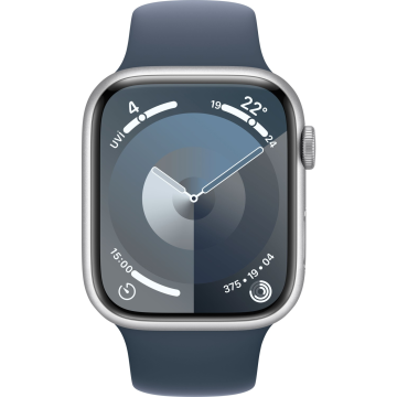 Apple Watch Series 9 GPS 45mm Gümüş Rengi Alüminyum Kasa ve Fırtına Mavisi Spor Kordon Akıllı Saat - M/L