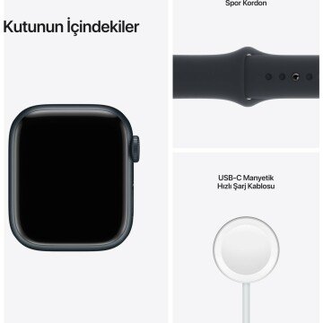 Apple Watch Series 7 GPS 41mm Gece Yarısı Alüminyum Kasa ve Spor Kordon Akıllı Saat