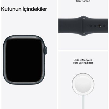 Apple Watch Series 7 GPS 45mm Gece Yarısı Alüminyum Kasa ve Spor Kordon Akıllı Saat