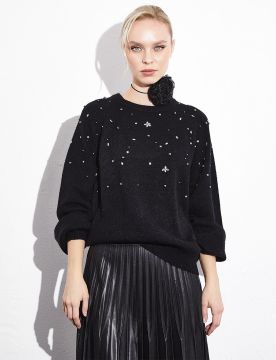 KAYRA Exclusive Taş Ve İncili Reglan Kol Triko Bluz Siyah