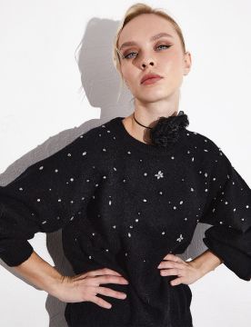KAYRA Exclusive Taş Ve İncili Reglan Kol Triko Bluz Siyah